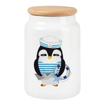 Pingouin mignon comme un marin dans un look marine - Boîte à biscuits avec couvercle en bois - blanc - Devant