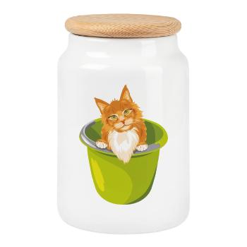 Un mignon chat roux jette un coup d’œil hors du seau - Boîte à biscuits avec couvercle en bois - blanc - Devant