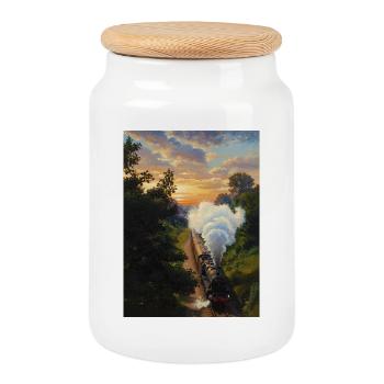 Sunset Steam Locomotive - Cookie Jar with Wooden Lid - white - Front