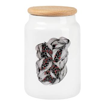 Motif de feuilles noires et blanches avec des baies rouges - Boîte à biscuits avec couvercle en bois - blanc - Devant