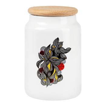 Black White Line Flowers Yellow Accents - Cookie Jar with Wooden Lid - white - Front