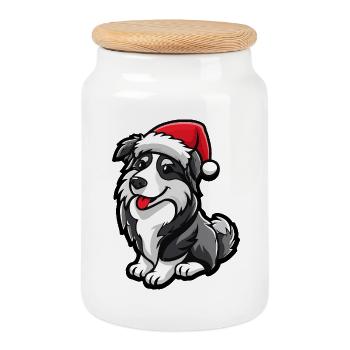 Border Collie Chien Noël - Boîte à biscuits avec couvercle en bois - blanc - Devant