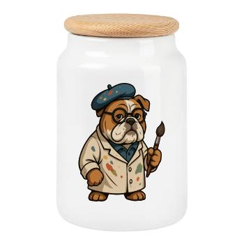 Dessin animé créatif Artiste bouledogue au pinceau - Boîte à biscuits avec couvercle en bois - blanc - Devant