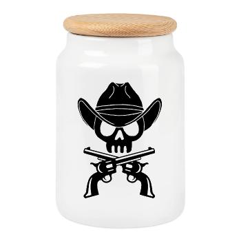 Cowboy Skull and Crossed Guns (Black) - Cookie Jar with Wooden Lid - white - Front