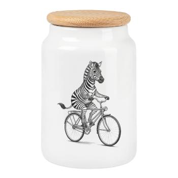 Zebra Cyclist on Bike - Cookie Jar with Wooden Lid - white - Front