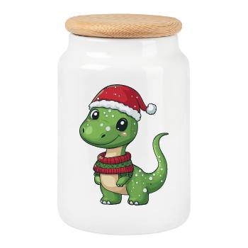 Dinosaur brontosaurus Christmas Xmas - Cookie Jar with Wooden Lid - white - Front