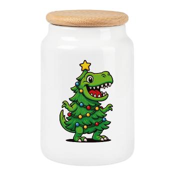 Tree-Rex – Retro Christmas Pun T-Rex Dino - Cookie Jar with Wooden Lid - white - Front