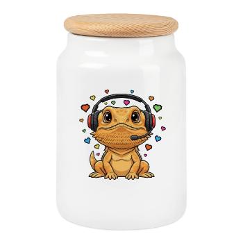Gecko Headset with Colorful Hearts Gamer Batagame - Cookie Jar with Wooden Lid - white - Front