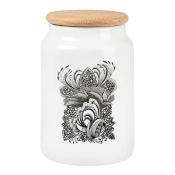 Motif des branches de fleurs noires et blanches - Boîte à biscuits avec couvercle en bois - blanc - Devant