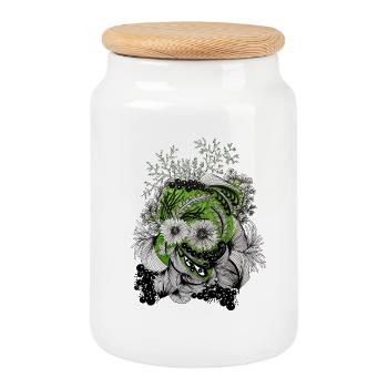 Green Flower Circle Ornament - Cookie Jar with Wooden Lid - white - Front