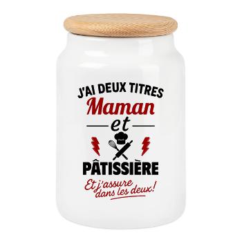 Maman Pâtissière Deux Titres Humour - Boîte à biscuits avec couvercle en bois - blanc - Devant
