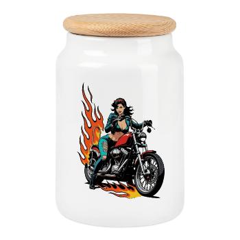 Weibliche Biker mit Flammen - Keksdose mit Holzdeckel - Weiß - Vorne
