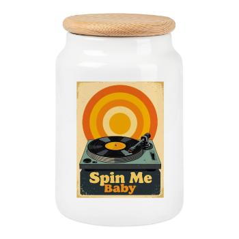 Retro Vinyl Record with Warm Vibrant  - Cookie Jar with Wooden Lid - white - Front