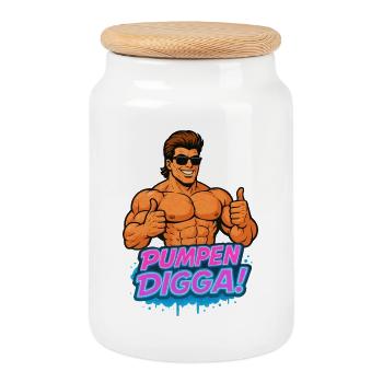 PUMPEN DIGGA Muskelheld Cartoon Bodybuilder - Keksdose mit Holzdeckel - Weiß - Vorne