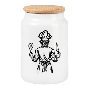 Father’s Kitchen Soul – Chef Line Art Design - Keksdose mit Holzdeckel - Weiß - Vorne