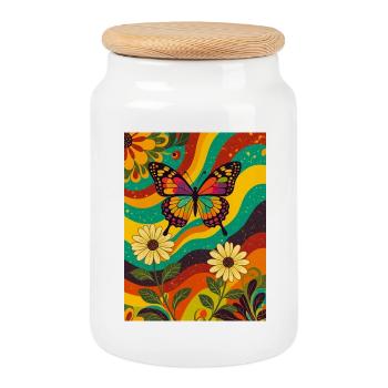 Psychedelischer Schmetterlingsgarten in coolen Farben - Keksdose mit Holzdeckel - Weiß - Vorne