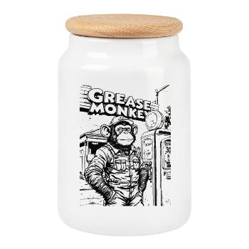 GreaseMonkey Line Art - Cookie Jar with Wooden Lid - white - Front