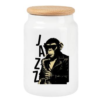 Saxophone monkey plays saxophone - Cookie Jar with Wooden Lid - white - Front