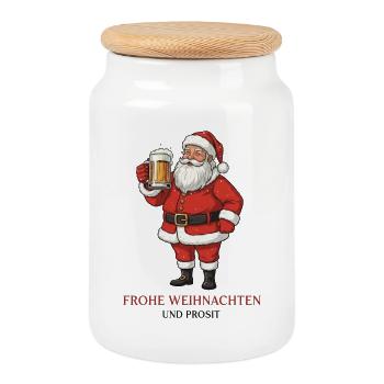 Santa with Beer – Merry Christmas and Cheers - Cookie Jar with Wooden Lid - white - Front