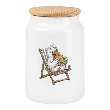 Gourmet seagull in a beach chair with fish sandwiches - Cookie Jar with Wooden Lid - white - Front