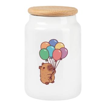 Un capybara mignon tenant des ballons colorés - Boîte à biscuits avec couvercle en bois - blanc - Devant