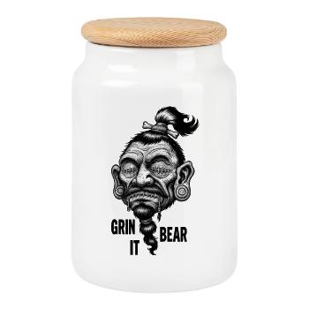 Grin 'and' Bear It – Dark Comic Tribal Skull Art - Cookie Jar with Wooden Lid - white - Front