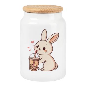 Kawaii-Hase und Pastell-Bubble-Tea - Keksdose mit Holzdeckel - Weiß - Vorne