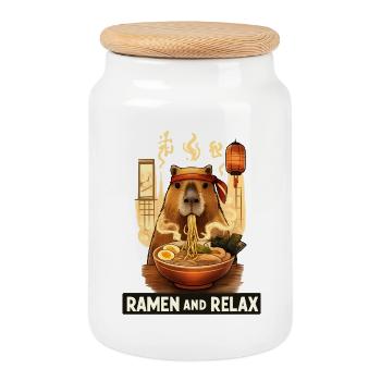 Kawaii Capybara Ramen Noodles Japan Retro - Cookie Jar with Wooden Lid - white - Front