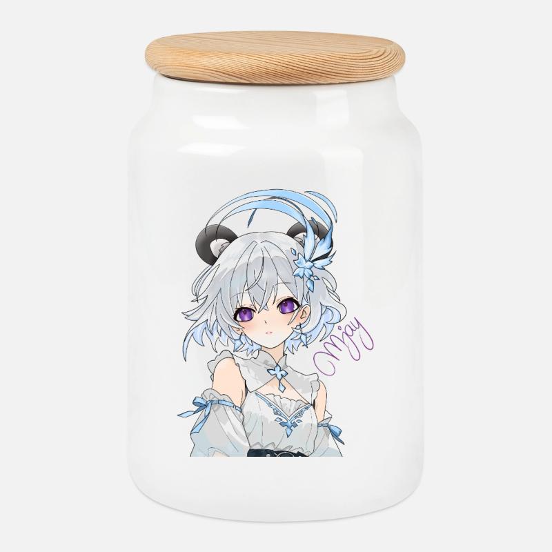 Blauweißes Anime-Mädchen mit Blüten - Keksdose mit Holzdeckel - Weiß