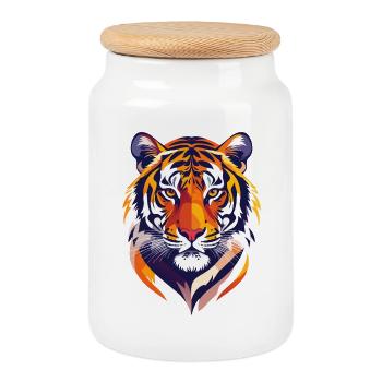 Empreinte colorée de tête de tigre, motif fier de tigre - Boîte à biscuits avec couvercle en bois - blanc - Devant