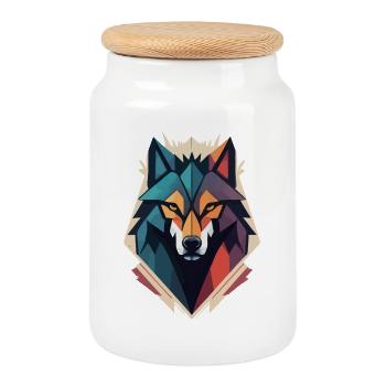 Geometrischer Wolfskopf - Keksdose mit Holzdeckel - Weiß - Vorne