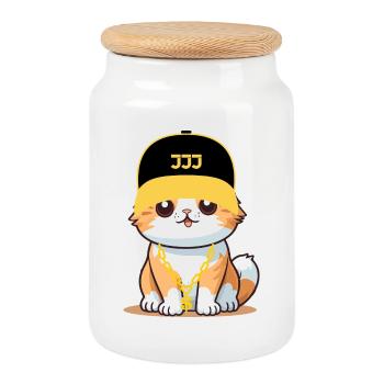 Swag-Katze – coole Katze - Keksdose mit Holzdeckel - Weiß - Vorne