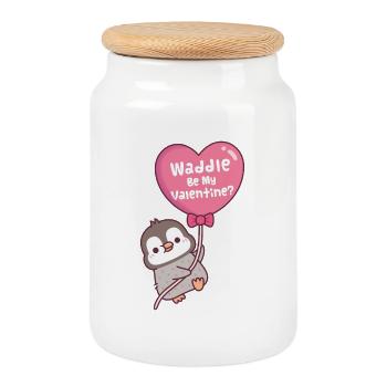 Ballon en forme de cœur de pingouin mignon, dandine sois ma Saint-Valentin - Boîte à biscuits avec couvercle en bois - blanc - Devant