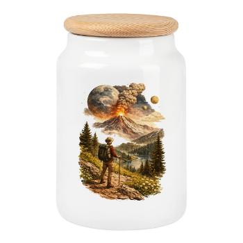 Wanderer vor eruptierendem Vulkan und fremder Welt - Keksdose mit Holzdeckel - Weiß - Vorne