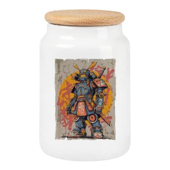 Mechanical Samurai Street Art - Cookie Jar with Wooden Lid - white - Front