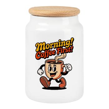 Café du matin d’abord ! - Boîte à biscuits avec couvercle en bois - blanc - Devant