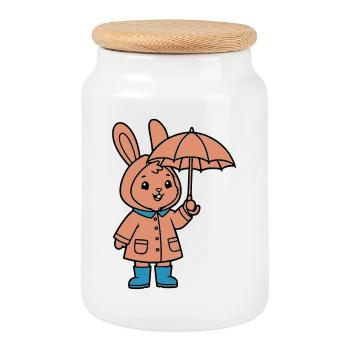 Petit parapluie de lapin mignon - Boîte à biscuits avec couvercle en bois - blanc - Devant