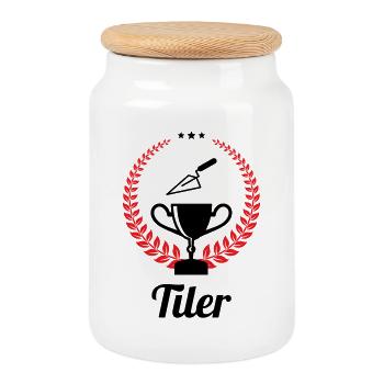 Tiler – pro tile laying precision trade - Cookie Jar with Wooden Lid - white - Front