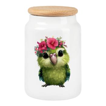 Perroquet de printemps avec couronnes de fleurs - Boîte à biscuits avec couvercle en bois - blanc - Devant