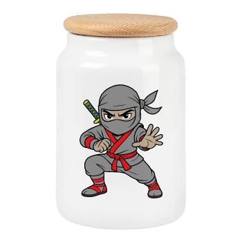 Grauer Ninja Schattenkrieger - Keksdose mit Holzdeckel - Weiß - Vorne