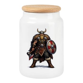 Guerrier viking avec bouclier et hache - Boîte à biscuits avec couvercle en bois - blanc - Devant