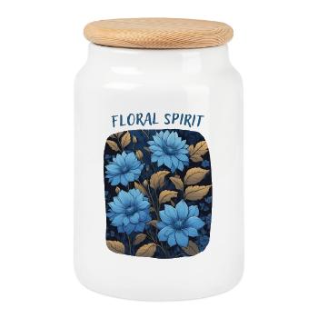 Blue Flowers - Cookie Jar with Wooden Lid - white - Front