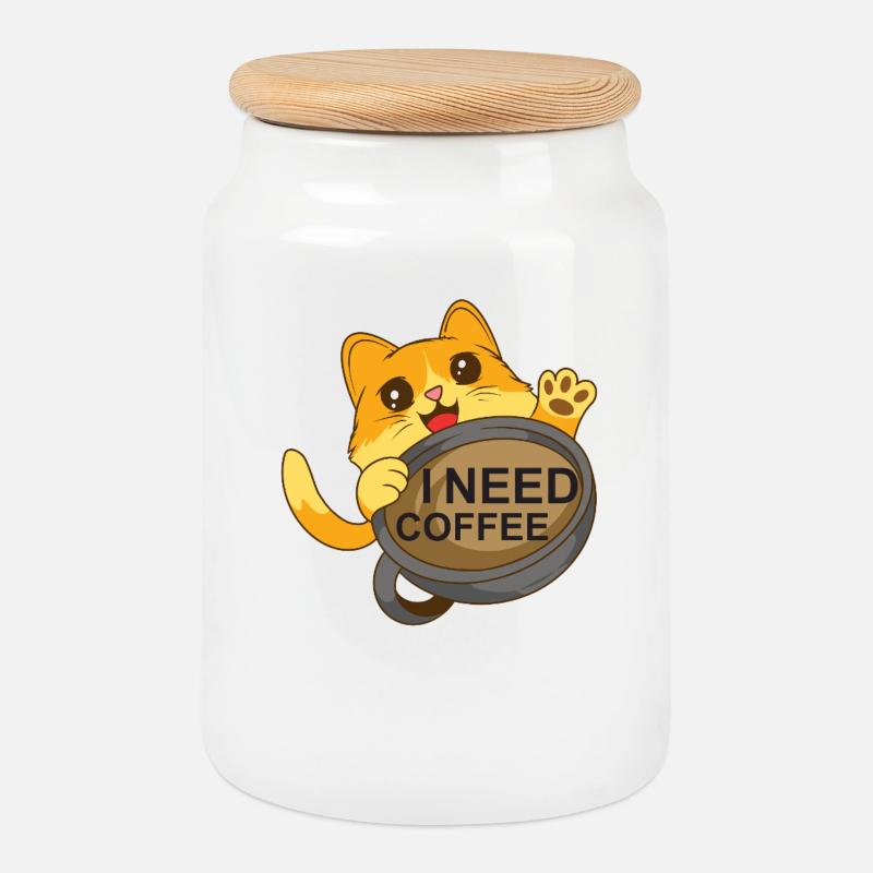 Katze braucht Kaffee - Keksdose mit Holzdeckel - Weiß