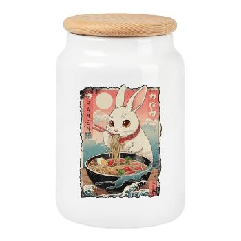 Kawaii Rabbit Ramen Noodles - Cookie Jar with Wooden Lid - white - Front