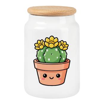 Kawaii Cactus in Sunny Flower Pot - Cookie Jar with Wooden Lid - white - Front