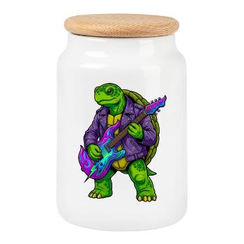 Tortue avec veste et guitare électrique néon - Boîte à biscuits avec couvercle en bois - blanc - Devant