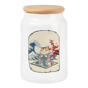 Katze Häkelt Kawai Anime - Keksdose mit Holzdeckel - Weiß - Vorne