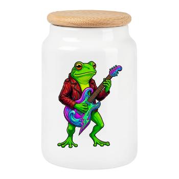 Grenouille avec veste et guitare électrique néon - Boîte à biscuits avec couvercle en bois - blanc - Devant