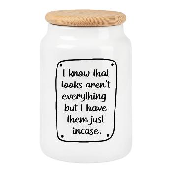 Looks Isn't Everything lustiges Zitat-Shirt - Keksdose mit Holzdeckel - Weiß - Vorne