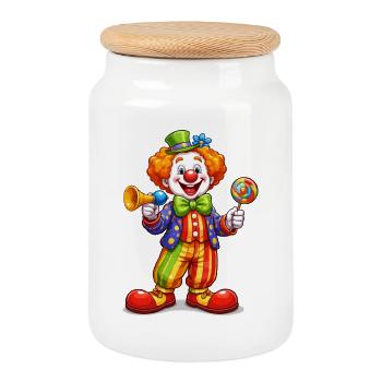Clown mit Tröte und Lutscher - Keksdose mit Holzdeckel - Weiß - Vorne